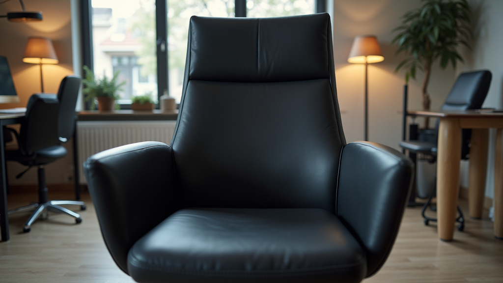 Vue de face d’un fauteuil de bureau ergonomique en cuir noir