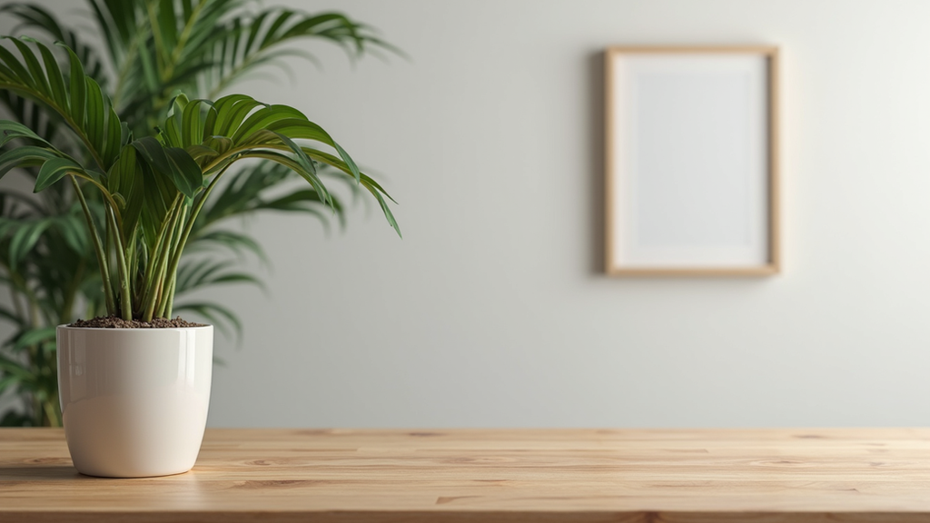 Vue rapprochée d’un bureau en bois naturel avec une plante verte à côté