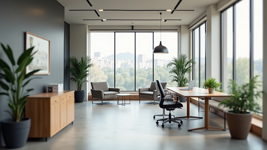 Vue en plongée d’un bureau aménagé avec mobilier neuf et espaces de travail distincts