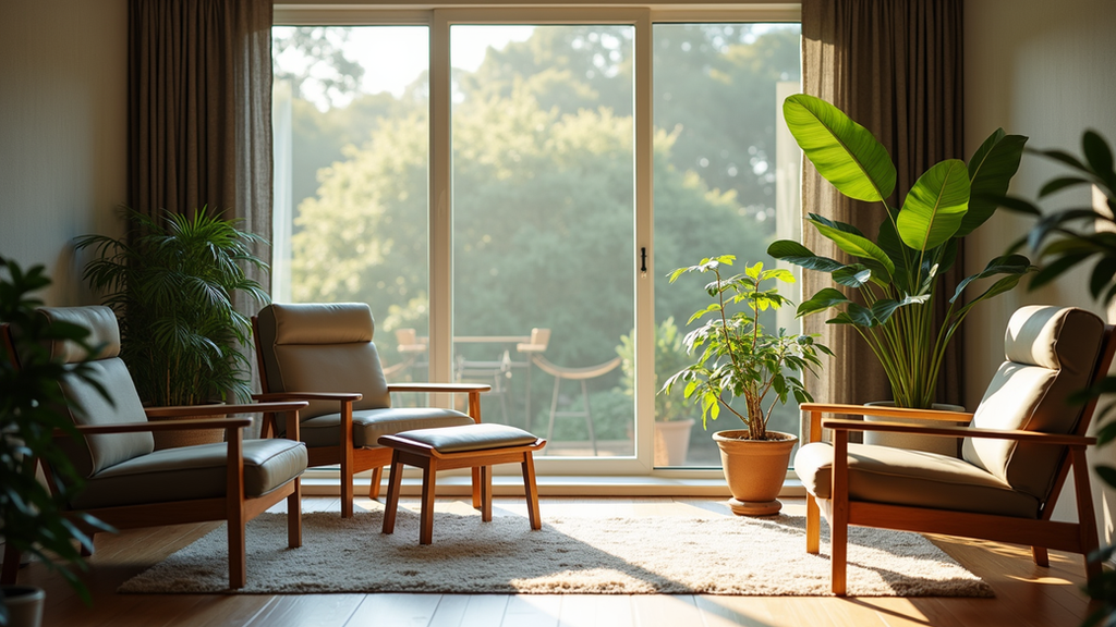 Vue rapprochée d’un coin détente avec fauteuils confortables et plantes vertes