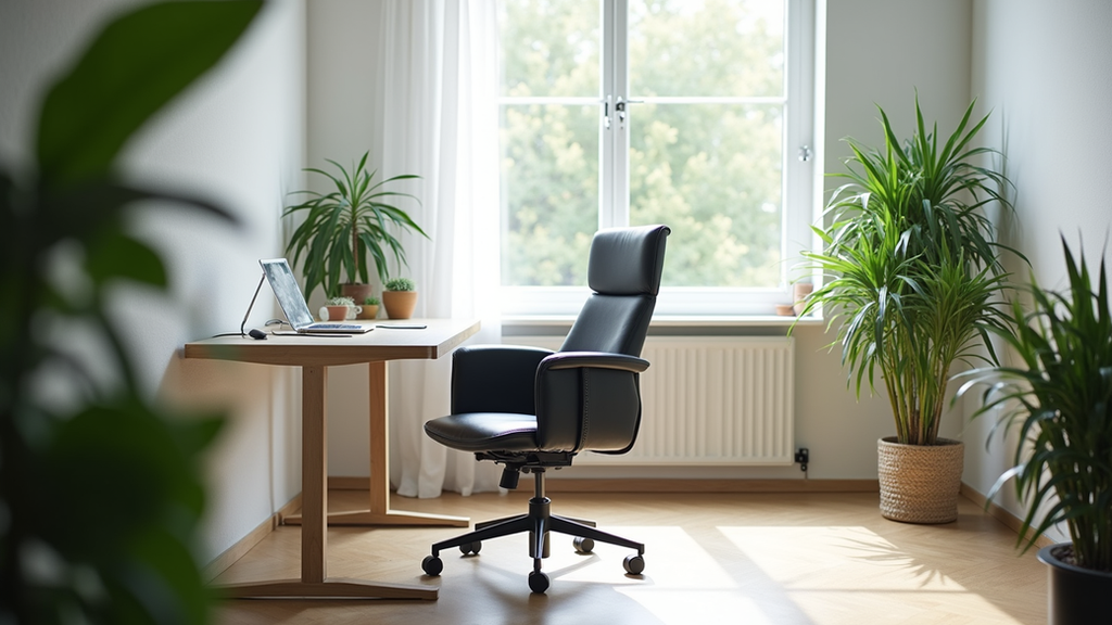 Vue latérale d’un bureau avec chaise ergonomique et plantes vertes