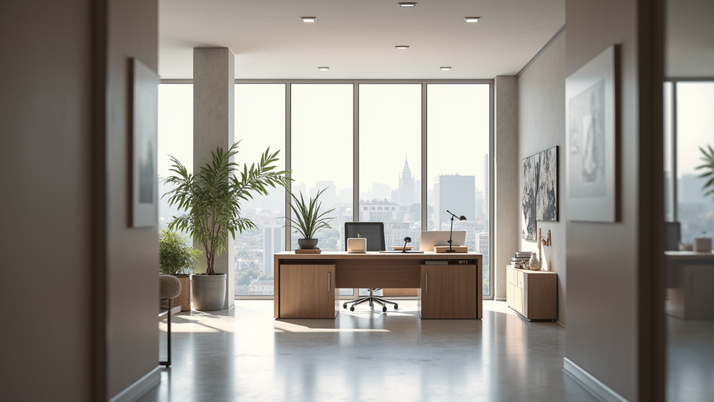 Vue de côté d’un bureau avec mobilier modulable et design épuré