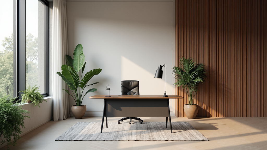 Vue à hauteur d’œil d’un espace d’accueil avec un bureau élégant et des plantes décoratives
