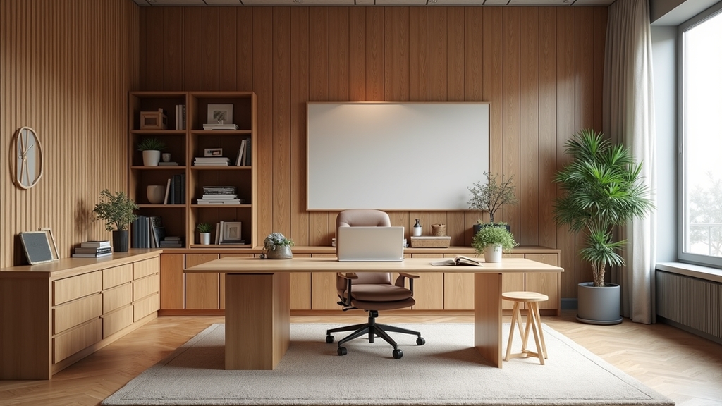 Vue rapprochée d’un bureau en bois recyclé dans un espace de travail moderne à Laval