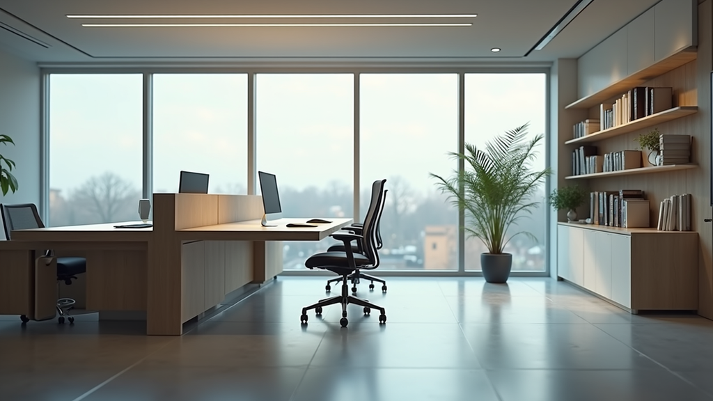 Vue en plongée d’un bureau moderne avec mobilier ergonomique