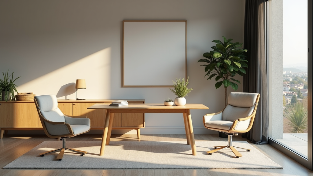 Vue en plongée d’un bureau moderne avec fauteuils écologiques en bois et tissu recyclé