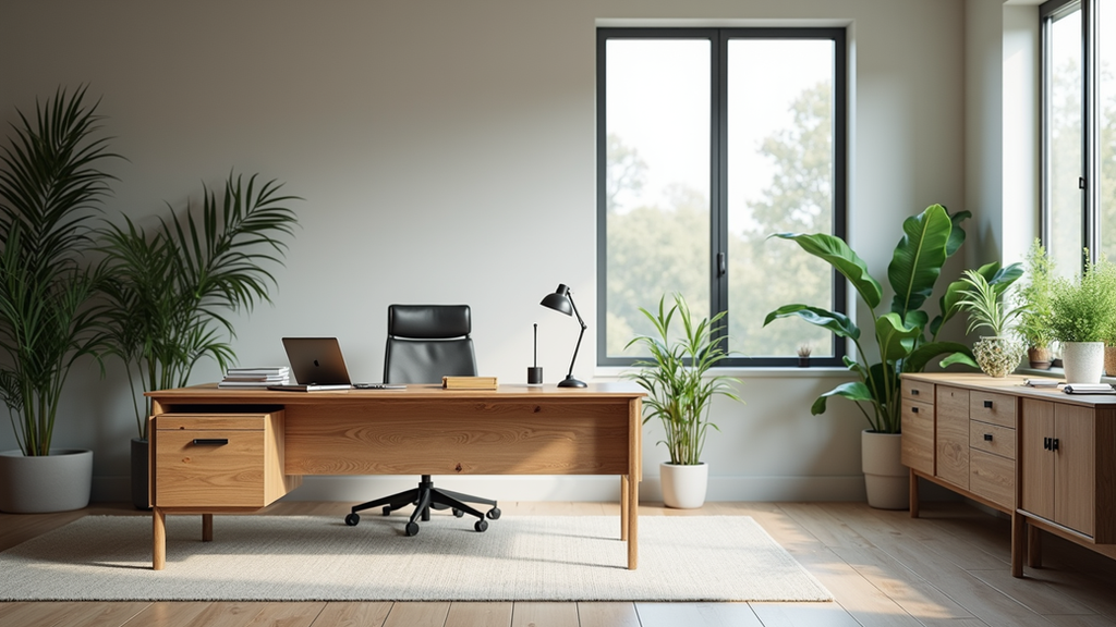 Vue en plongée d’un bureau moderne avec mobilier durable et plantes vertes