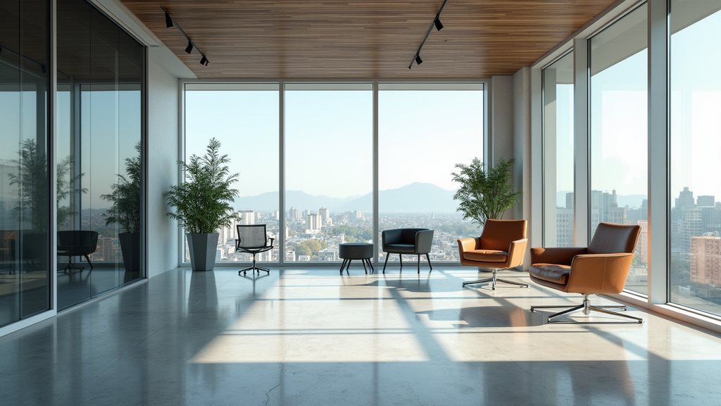 Vue en plongée d’un bureau moderne avec grandes fenêtres et mobilier modulable