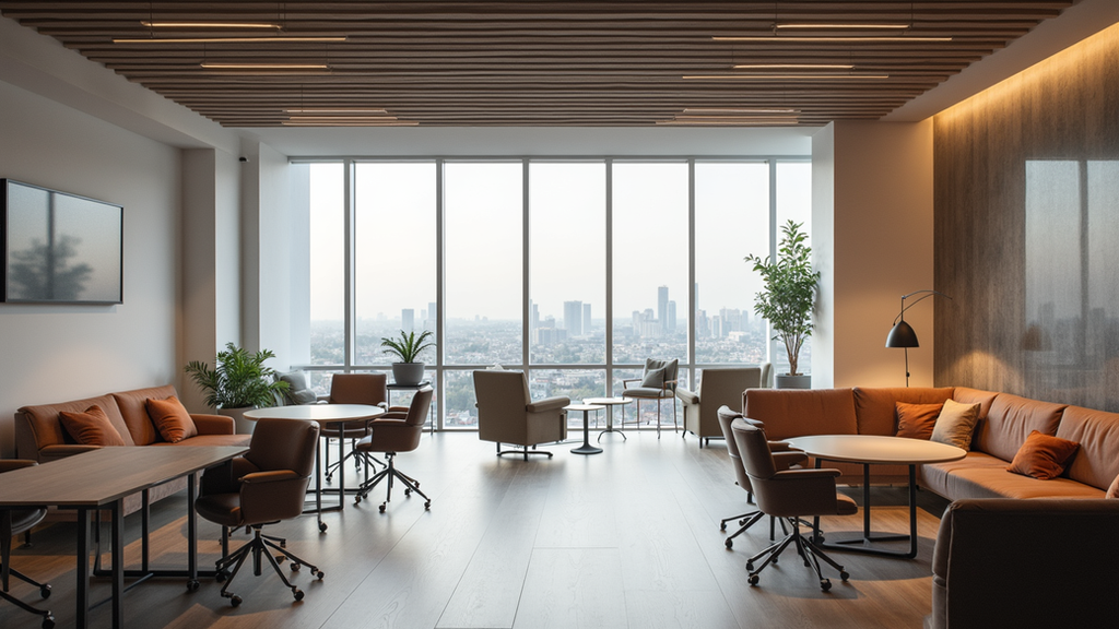 Vue à hauteur d’œil d’un espace collaboratif avec tables hautes et fauteuils confortables